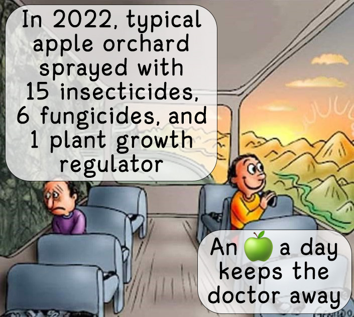 In 2022, a typical apple orchard in the Pacific Northwest was sprayed with 15 insecticides, 6 fungicides, and 1 plant growth regulator
